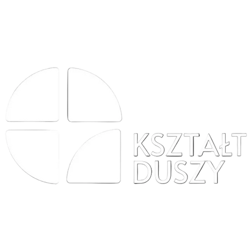 Black circular logo with white geometric design and text 'Kształt Duszy' on a white background